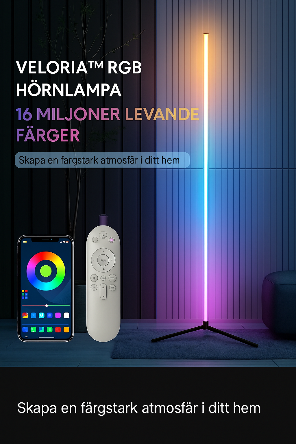 Veloria™ RGB Hörnlampa – Smart LED-lampa med Musikstyrning och 16 Miljoner Färger