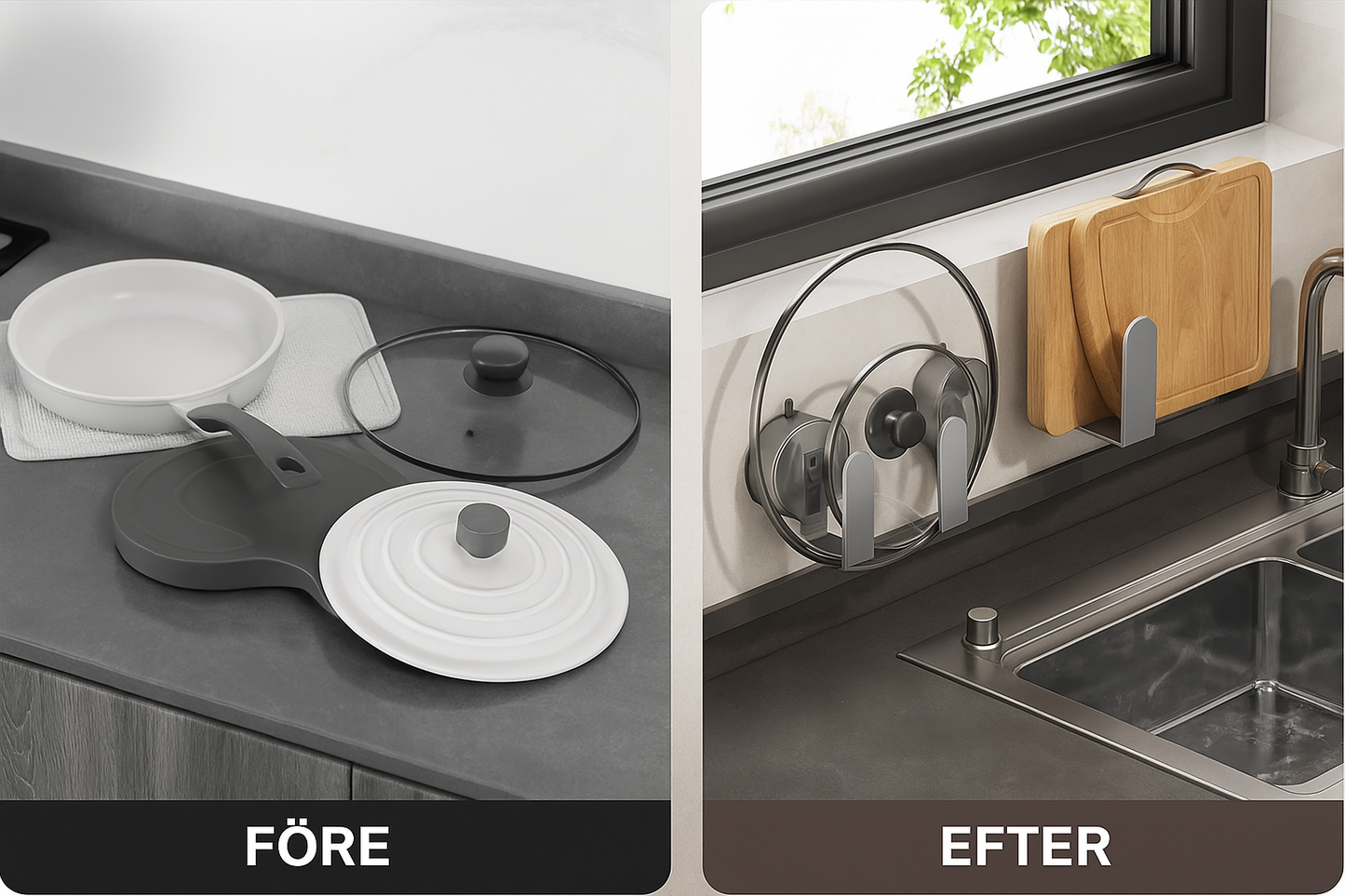 Veloria™ KöksOrdning – Vakuumfäste i rostfritt stål för lock, skärbrädor och redskap